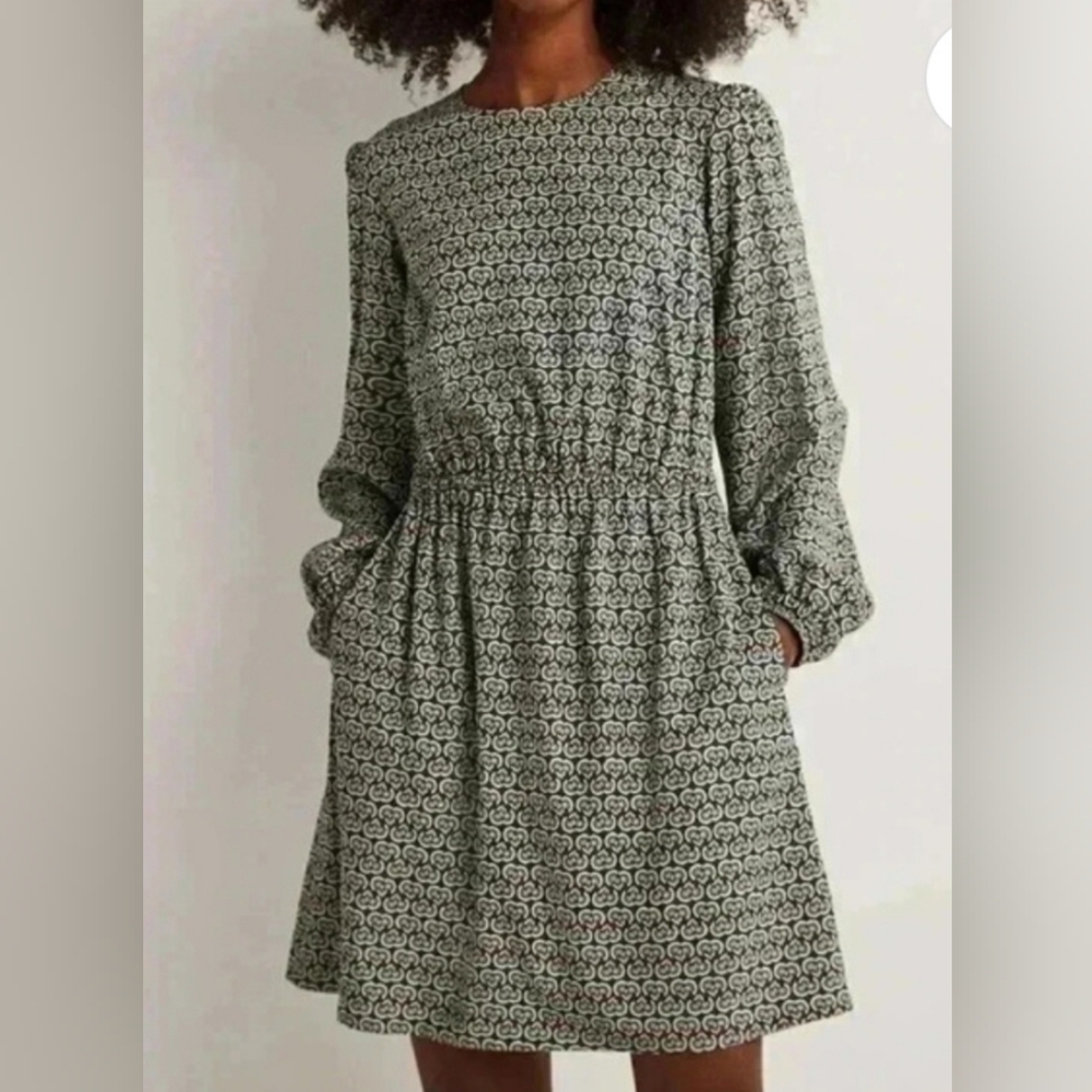 Boden Crew-neck Long Sleeve Mini Dress In Gresn Multi Color Size 6 Petite